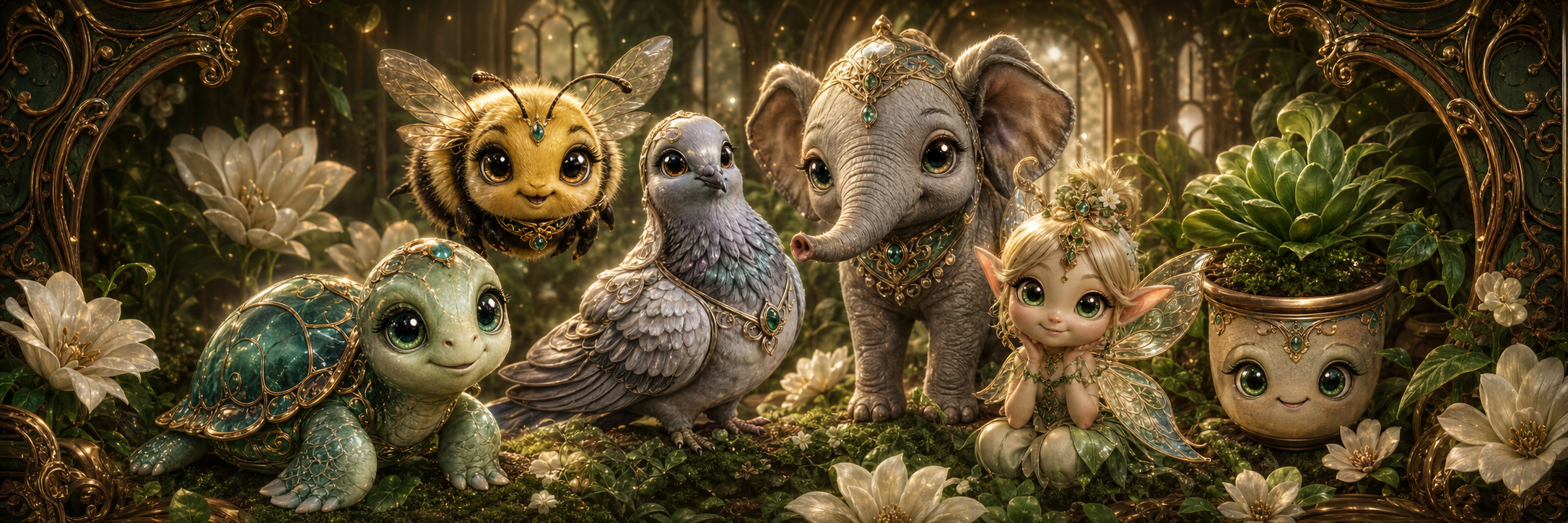 Glossy fantasy turtle, bee, pigeon, elephant, fae and magical plant in an enchanted conservatory