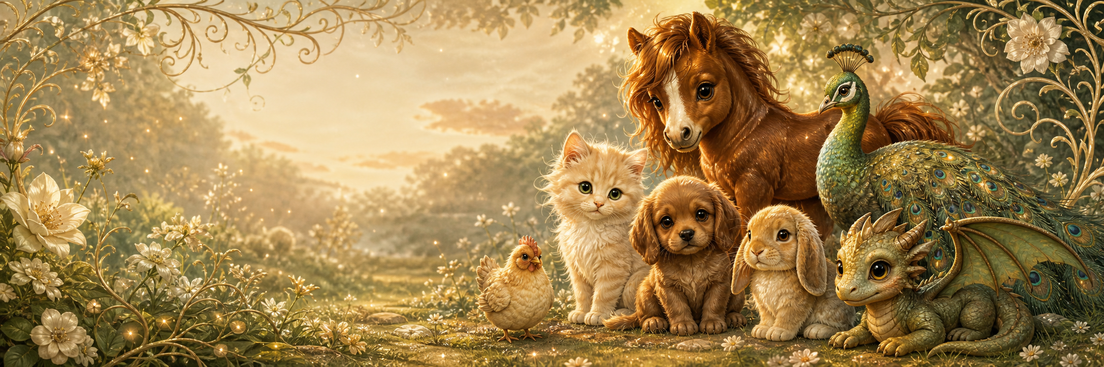 A glossy fantasy ensemble of a pony, cat, dog, rabbit, chicken, peafowl and baby dragon in an enchanted meadow